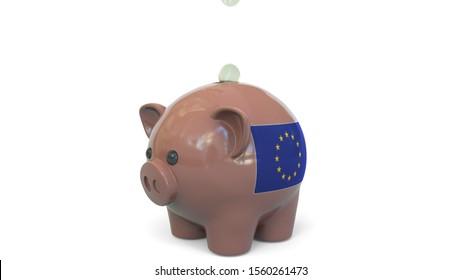 Putting Money Into Piggy Bank With Flag Of The European Union. EU Banking System Or Savings Related Conceptual 3D Rendering