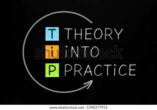 Putting Theory Into Practice\
TIP acronym arrow concept handwritten with white chalk on\
blackboard.