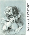 Putto (ca. 1756-1776) by Gilles Demarteau. Black and white vintage art drawing illustration, vintage art print of child sketch, black charcoal drawing of vintage child, vintage sketch drawing.