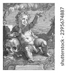Putto leaning on skull and blowing bubbles, Hendrik Adriaan Christiaan Dekker, after Hendrick Goltzius, 1855 Putto leaning against a skull. In his right hand a pipe with which he has blown bubbles.