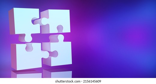 Puzzle 3d Render Four Jigsaw On Cyber Technology Future Ai Background. Business Strategy, Success Solution, Jigsaw Games Symbol.Responsible Company Space, Connection, Challenge, Nft Collaboration Csr.