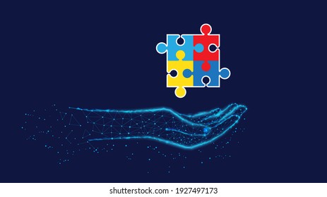  Puzzle. Autism Awareness Symbol In Polygonal Hand. Blue Background.