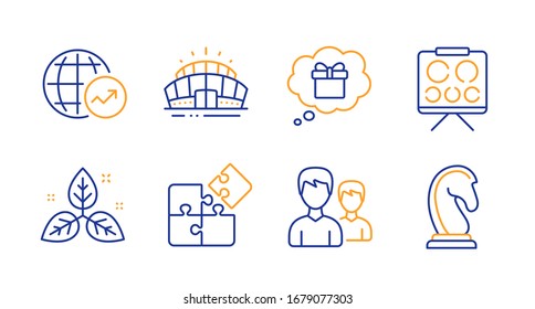 Puzzle, Fair Trade And Arena Stadium Line Icons Set. Vision Board, Couple And World Statistics Signs. Gift Dream, Marketing Strategy Symbols. Engineering Strategy, Leaf. Business Set.