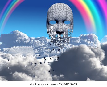 Puzzle falling mask composition. 3D rendering
