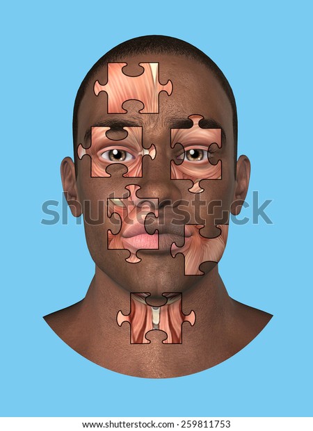 Puzzle of Genetics:\
Portrait of black man head with muscles revealed underneath in form\
of puzzle pieces.