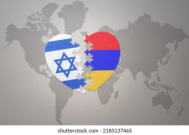 Puzzle Heart With The National Flag Of Armenia And Israel On A World Map Background.Concept. 3D Illustration