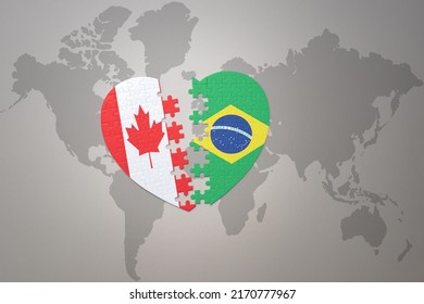 puzzle heart with the national flag of canada and brazil on a world map background.Concept. 3D illustration