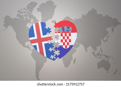 Puzzle Heart With The National Flag Of Croatia And Iceland On A World Map Background. Concept. 3D Illustration