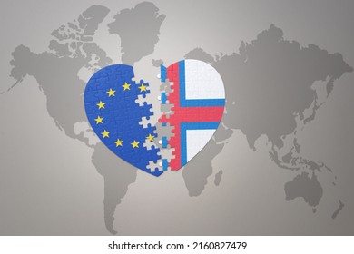 puzzle heart and the national flag european union   faroe islands world map background  Concept  3D illustration