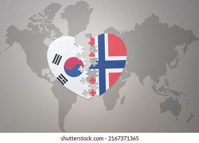 Puzzle Heart With The National Flag Of Norway And South Korea On A World Map Background. Concept. 3D Illustration