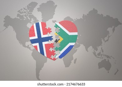 Puzzle Heart With The National Flag Of Norway And South Africa On A World Map Background. Concept.  Illustration