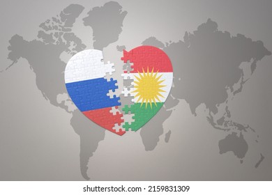 puzzle heart with the national flag of russia and kurdistan on a world map background. Concept. 3D illustration