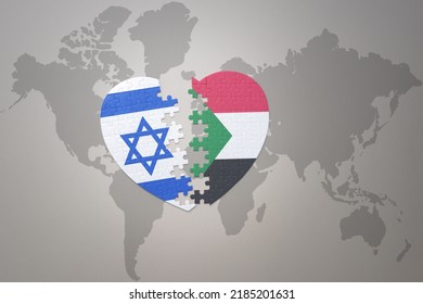 Puzzle Heart With The National Flag Of Sudan And Israel On A World Map Background.Concept. 3D Illustration