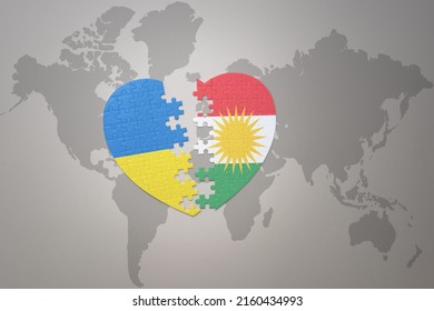 puzzle heart with the national flag of ukraine and kurdistan on a world map background. Concept. 3D illustration
