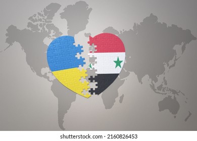 puzzle heart with the national flag of ukraine and syria on a world map background. Concept. 3D illustration