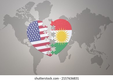 puzzle heart with the national flag of united states of america and kurdistan on a world map background. Concept. 3D illustration