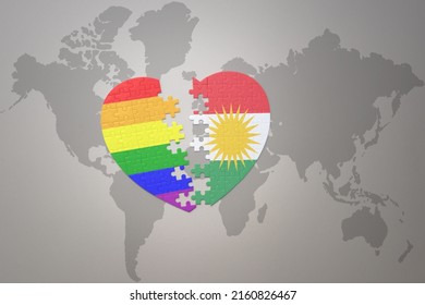 puzzle heart with the rainbow gay flag and kurdistan on a world map background. Concept. 3D illustration