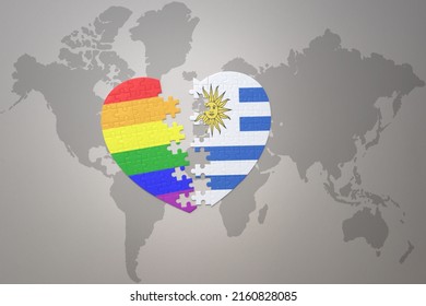 puzzle heart with the rainbow gay flag and uruguay on a world map background. Concept. 3D illustration