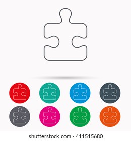 Puzzle Icon. Jigsaw Logical Game Sign. Boardgame Piece Symbol. Linear Icons In Circles On White Background.