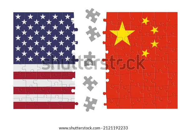 Puzzle made from United States of\
America and China flags. Relationship between China and\
USA