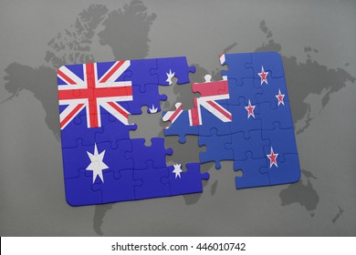 Puzzle With The National Flag Of Australia And New Zealand On A World Map Background.3D Illustration