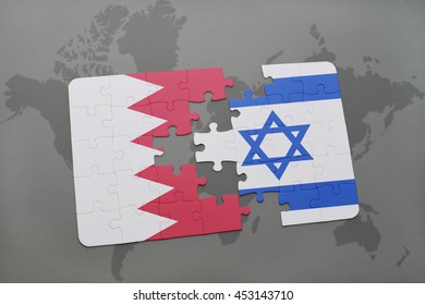 Puzzle With The National Flag Of Bahrain And Israel On A World Map Background. 3D Illustration