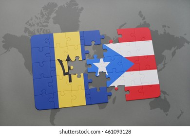 puzzle with the national flag of barbados and puerto rico on a world map background. 3D illustration