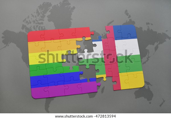 puzzle\
with the national flag of central african republic and gay rainbow\
flag on a world map background. 3D\
illustration