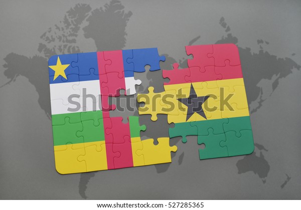puzzle with the\
national flag of central african republic and ghana on a world map\
background. 3D\
illustration