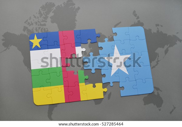 puzzle with the\
national flag of central african republic and somalia on a world\
map background. 3D\
illustration