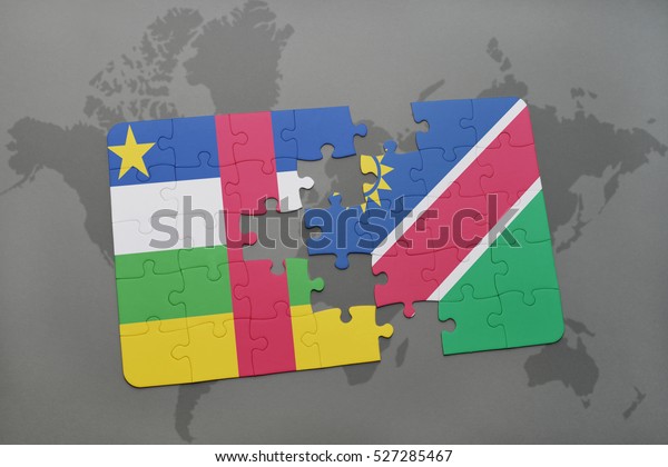 puzzle with the\
national flag of central african republic and namibia on a world\
map background. 3D\
illustration