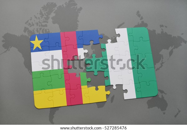 puzzle with the\
national flag of central african republic and nigeria on a world\
map background. 3D\
illustration