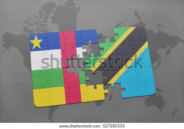 puzzle with the\
national flag of central african republic and tanzania on a world\
map background. 3D\
illustration