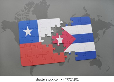 puzzle with the national flag of chile and cuba on a world map background. 3D illustration