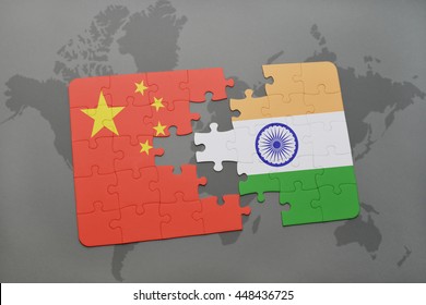 Puzzle With The National Flag Of China And India On A World Map Background. 3D Illustration