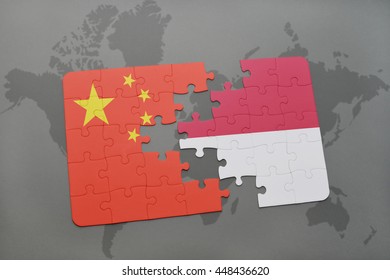 Puzzle With The National Flag Of China And Indonesia On A World Map Background. 3D Illustration