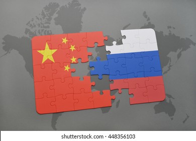 Puzzle With The National Flag Of China And Russia On A World Map Background. 3D Illustration