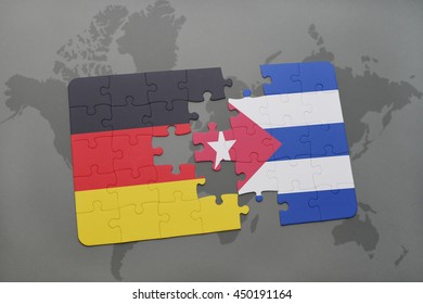 puzzle with the national flag of germany and cuba on a world map background. 3D illustration