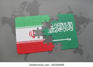 Puzzle With The National Flag Of Iran And Saudi Arabia On A World Map Background. 3D Illustration