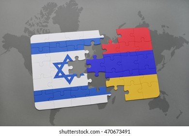 Puzzle With The National Flag Of Israel And Armenia On A World Map Background. 3D Illustration