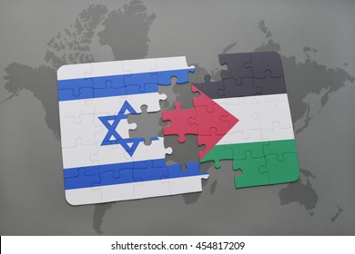 Puzzle With The National Flag Of Israel And Palestine On A World Map Background. 3D Illustration