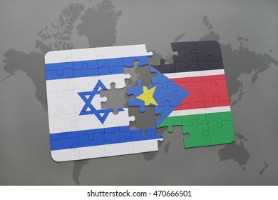 Puzzle With The National Flag Of Israel And South Sudan On A World Map Background. 3D Illustration