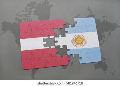 puzzle with the national flag of latvia and argentina on a world map background. 3D illustration