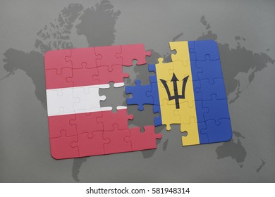 puzzle with the national flag of latvia and barbados on a world map background. 3D illustration