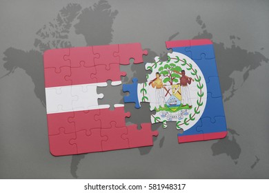 puzzle with the national flag of latvia and belize on a world map background. 3D illustration
