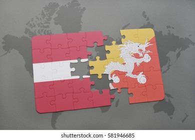 puzzle with the national flag of latvia and bhutan on a world map background. 3D illustration