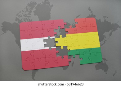 puzzle with the national flag of latvia and bolivia on a world map background. 3D illustration