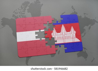 puzzle with the national flag of latvia and cambodia on a world map background. 3D illustration