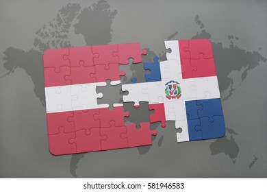 puzzle with the national flag of latvia and dominican republic on a world map background. 3D illustration