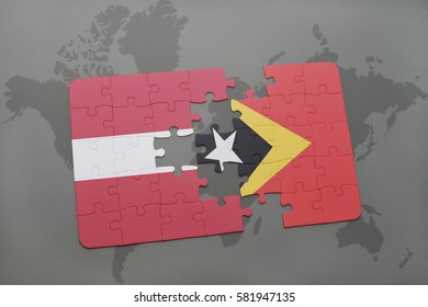 puzzle with the national flag of latvia and east timor on a world map background. 3D illustration